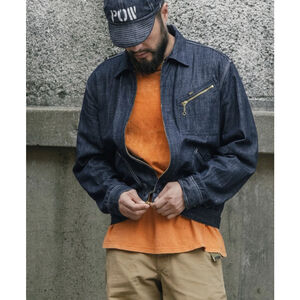 Non Stock 1960s Style Plain Slub Denim Work Jacket Men's Zip-Up Jean Outerwear